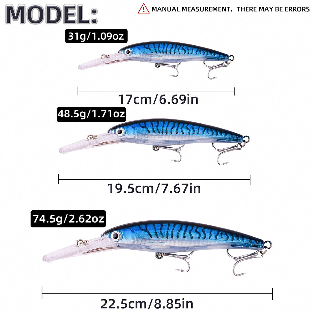 Long Lip Minnow Hard Bait, 31–74 g (1.1–2.6 oz)