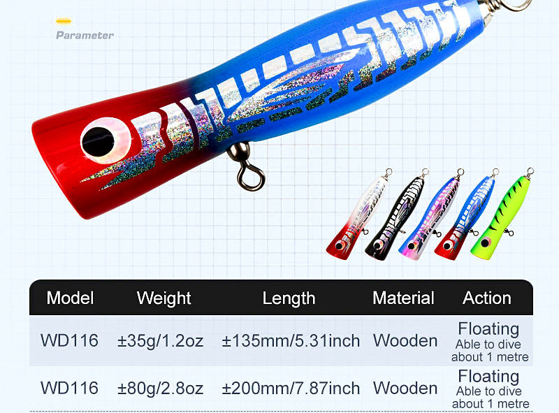 Wooden Floating Popper Trolling Lure, 80 g (2.8 oz), 20 cm – product photo