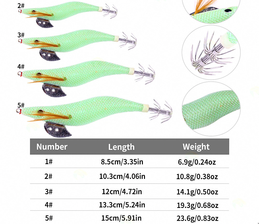Glow White Wooden Shrimp Squid Jig, Sizes 2.0–4.0 – product photo