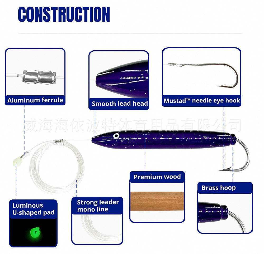 6 in Wooden Trolling Lure with Glow Pad for Tuna – product photo