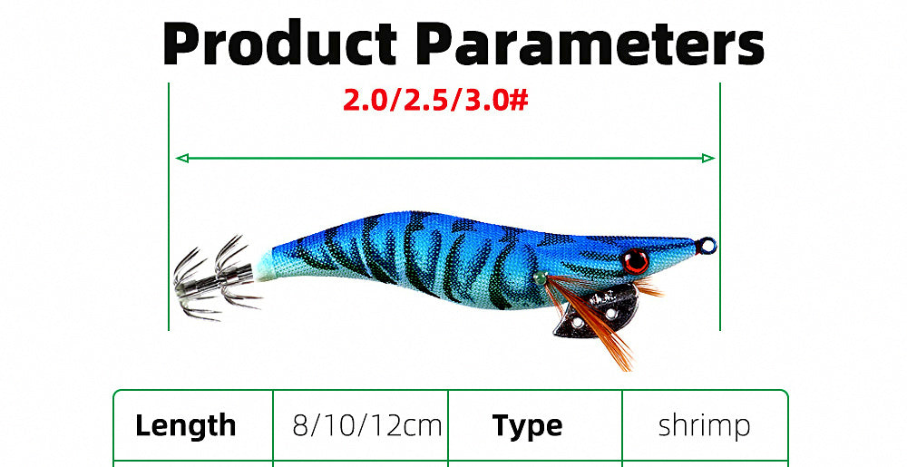 Glow Wooden Shrimp Squid Jig, Size 2.0–3.0 – product photo