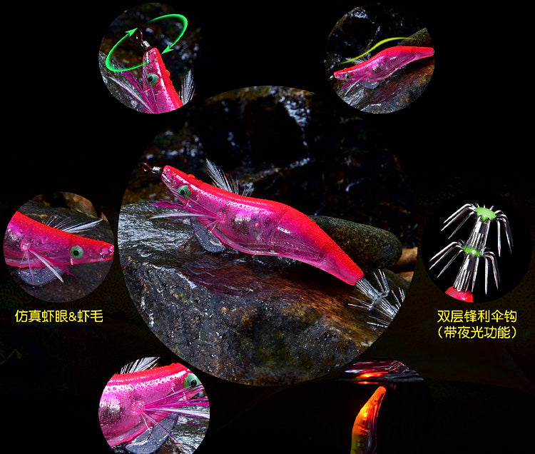 LED Wooden Shrimp Squid Jig, 12 g (0.42 oz), 10.3 cm – product photo