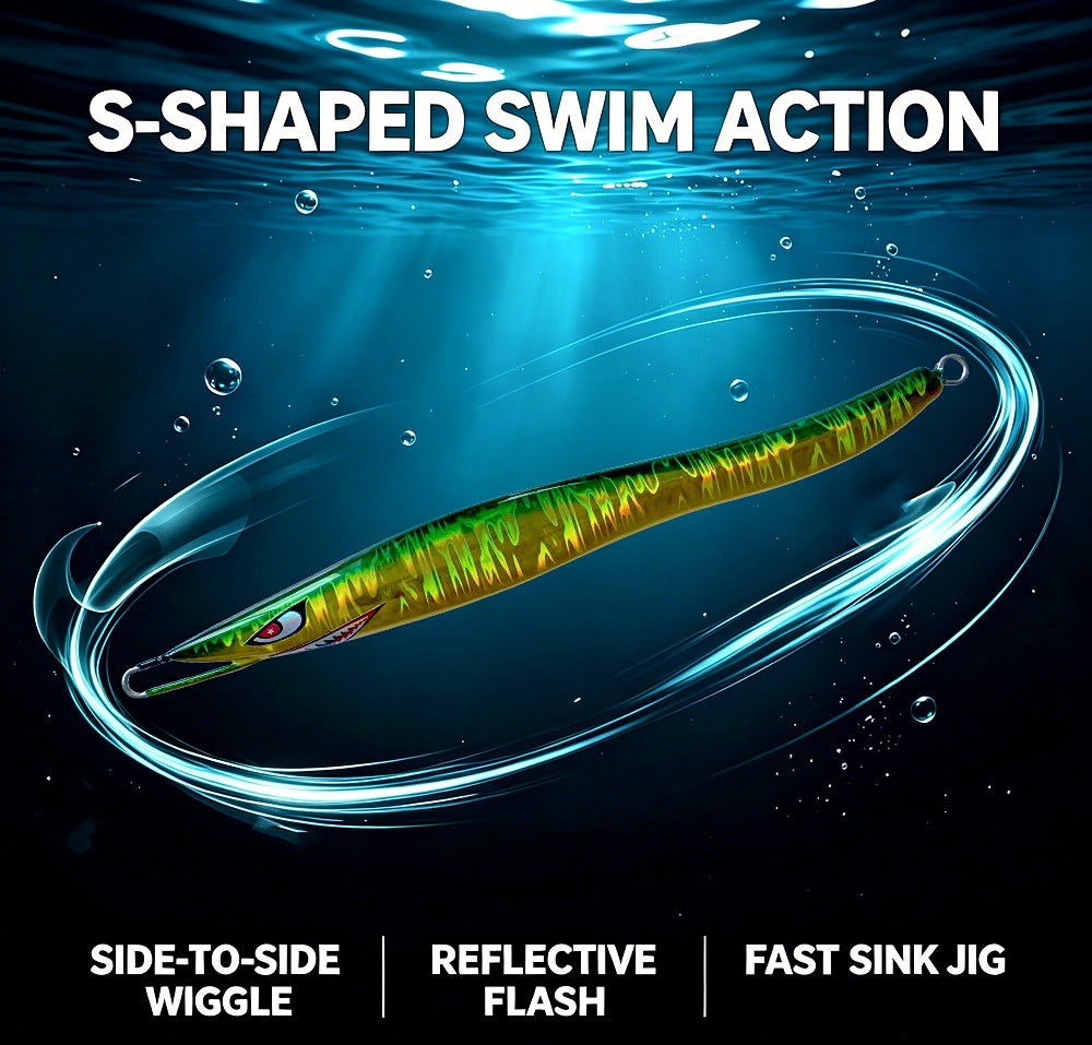 S-Shape Slow Pitch Jig, Glow & Laser, 100–200 g (3.5–7.1 oz) – product photo