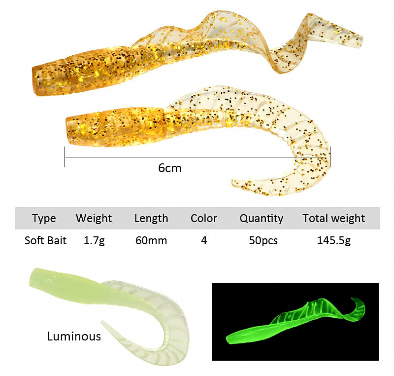 Skirted Curly Tail Soft Bait Kit, 6 cm (2.4 in) w/ Jig Hooks – product photo