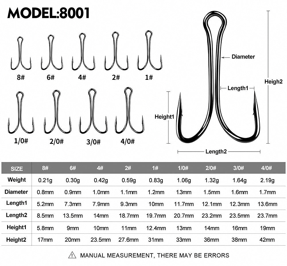 Barbed Double Hooks, 50-Pack, Sizes 8 to 4/0 – product photo