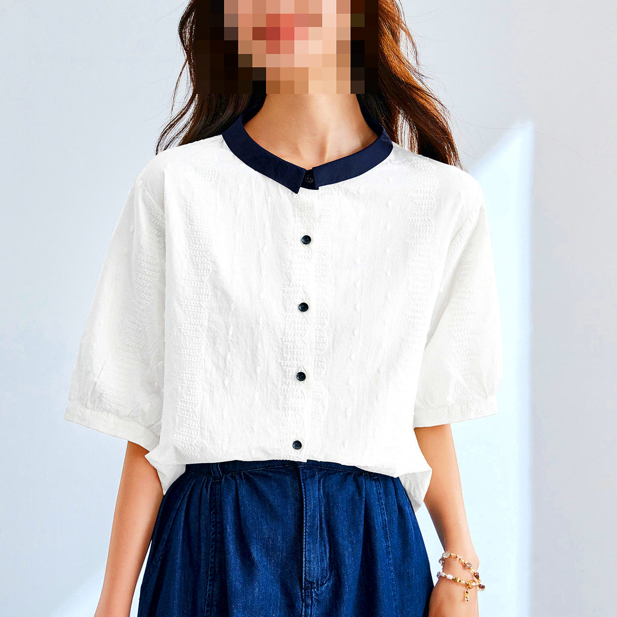 Women's Floral Embroidered Cotton Short Sleeve Shirt