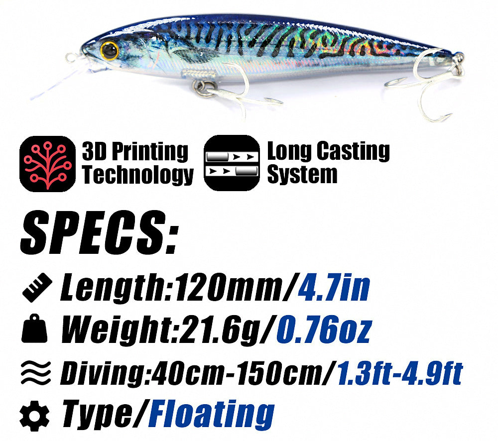 3D Printed Floating Minnow Lure, 120 mm (4.7 in), 21.6 g (0.76 oz) – product photo