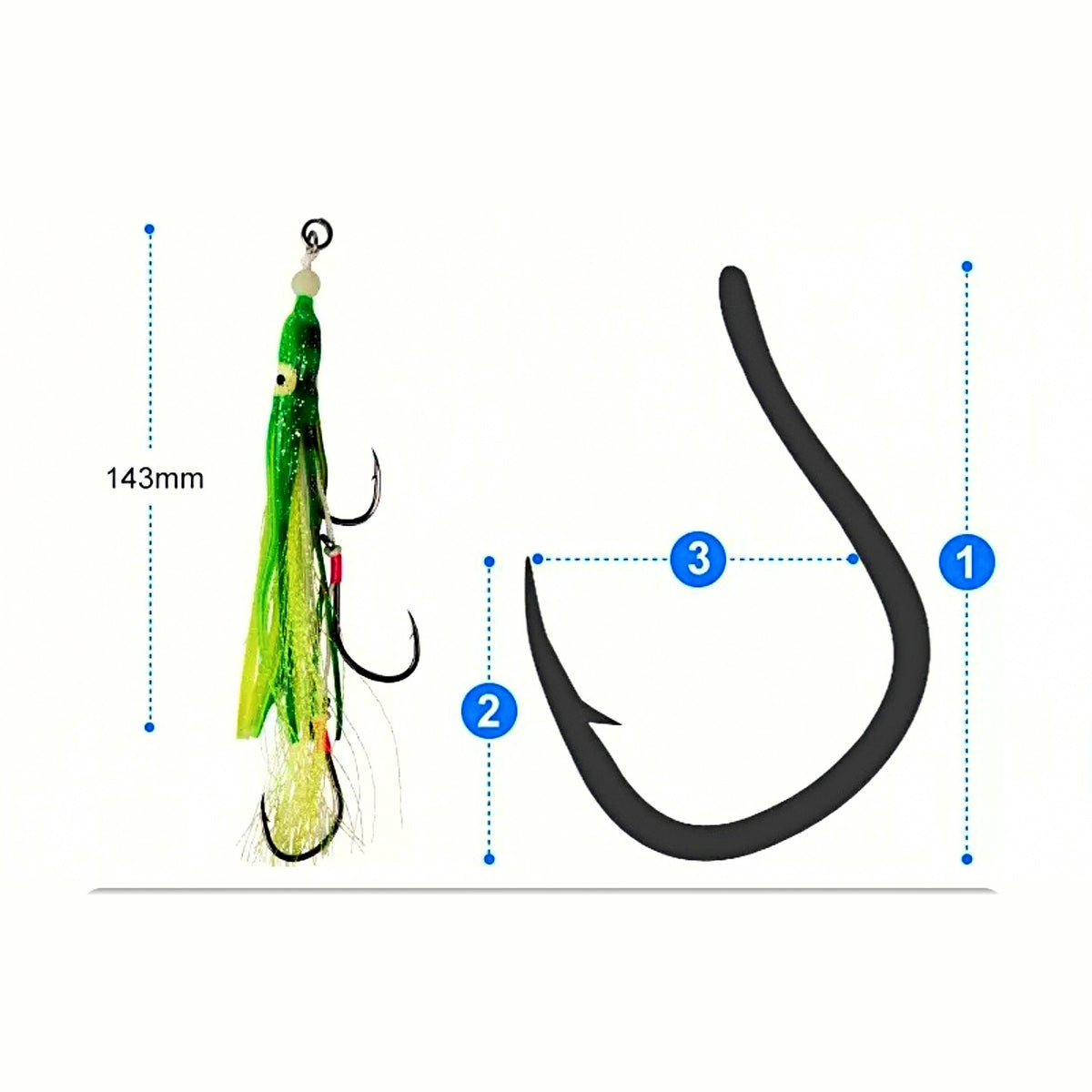 Squid Beak Hook Rig, 3-Hook Set, UV Glow, 6/0 & 8/0