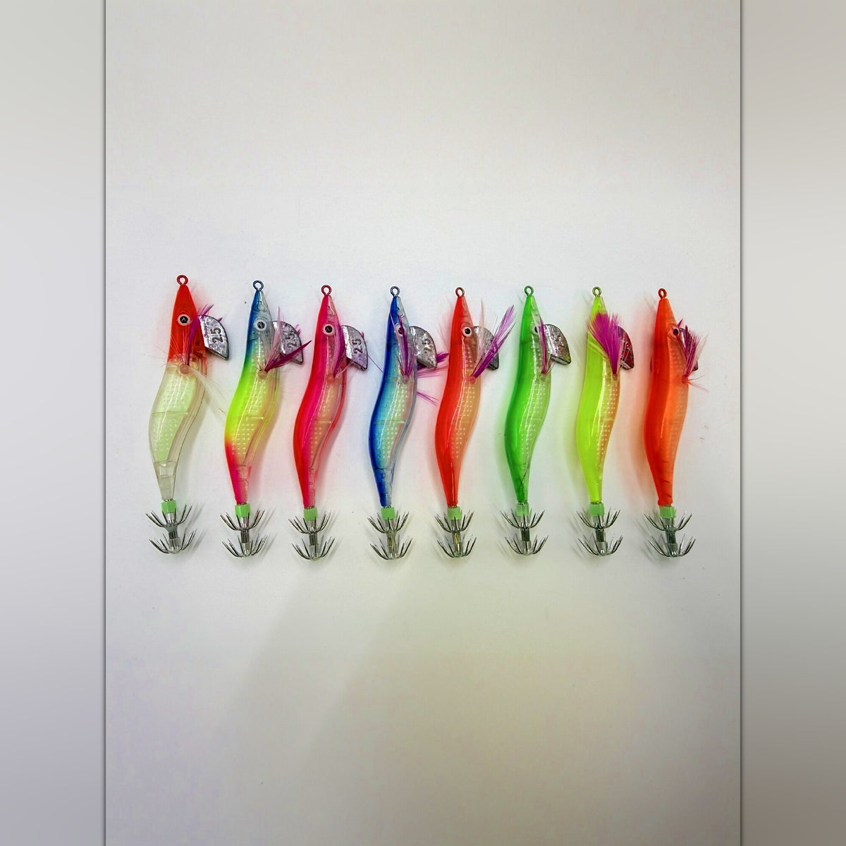 Glow Squid Jig, Wood Shrimp Style, Sizes 2.0, 2.5, 3.0