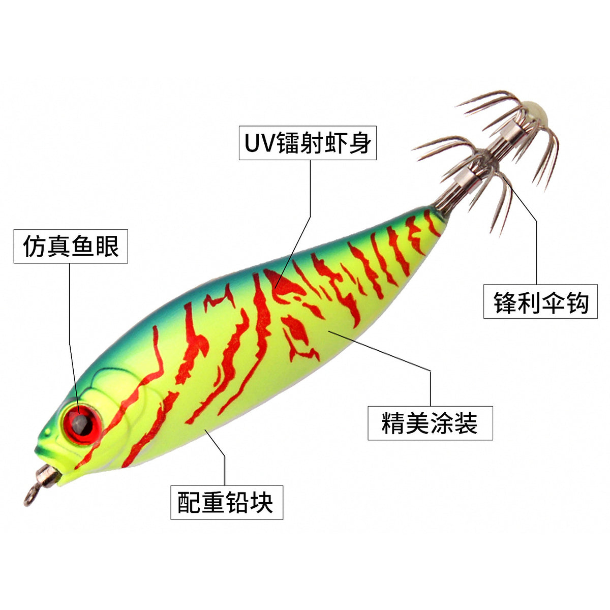 UV Wooden Squid Jig, Glow Wood Shrimp Lure, Small or Large