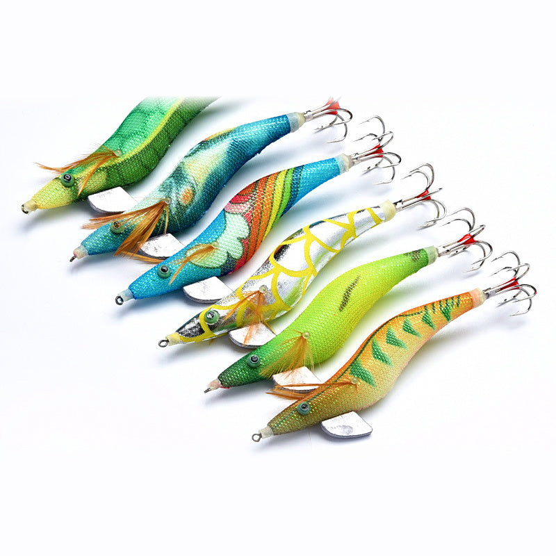 Glow Wood Shrimp Squid Jig, Six-Prong, Size 3.0 / 3.5