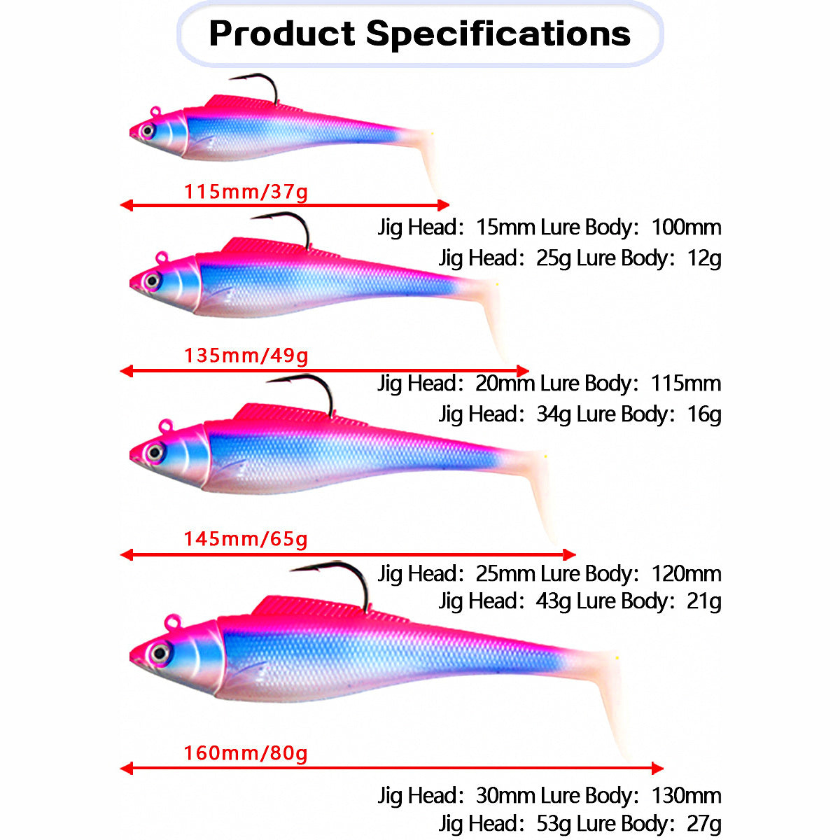 T-Tail Soft Swimbait Jig Head Lure, 115–160 mm (4.5–6.3 in)