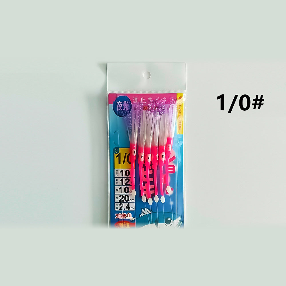 Glow Squid Jig Rig, 6 Hooks, Long Nose, Sizes 1/0 & 4/0