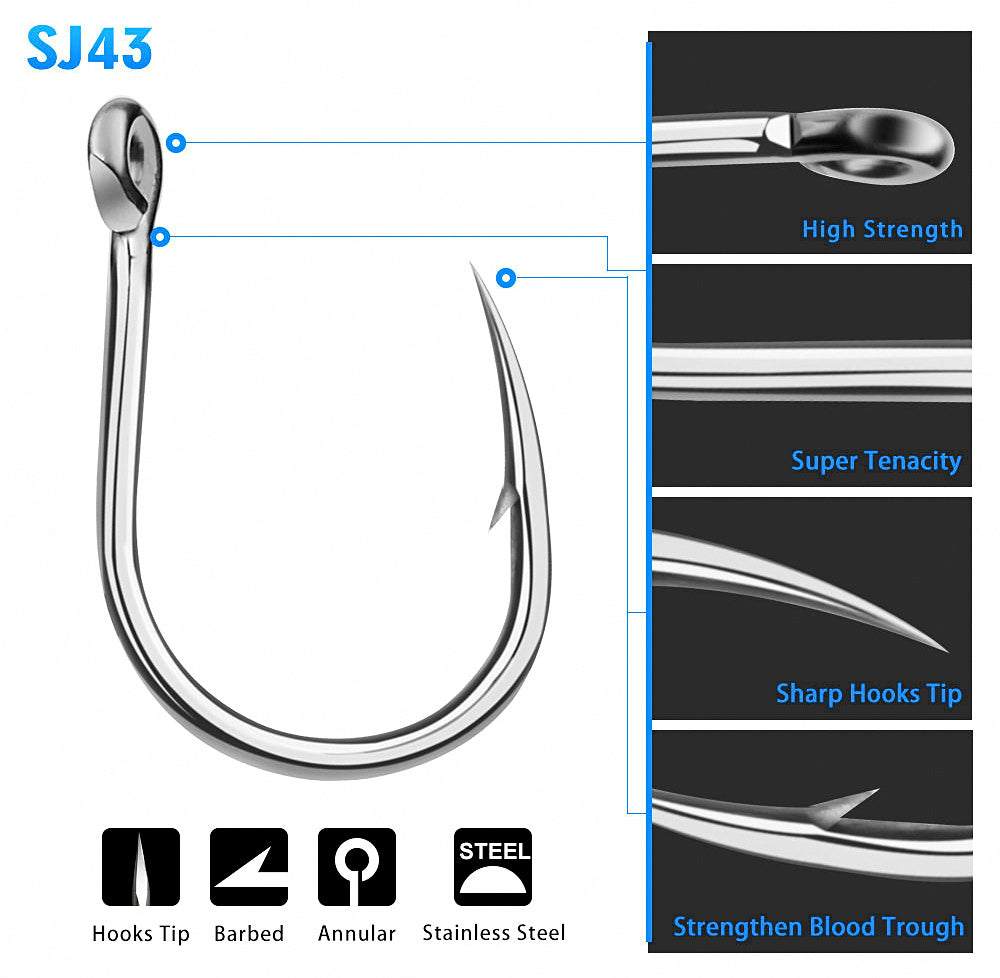 Stainless Steel Barbed Eyed Hooks, Sizes 1/0–13/0 – product photo