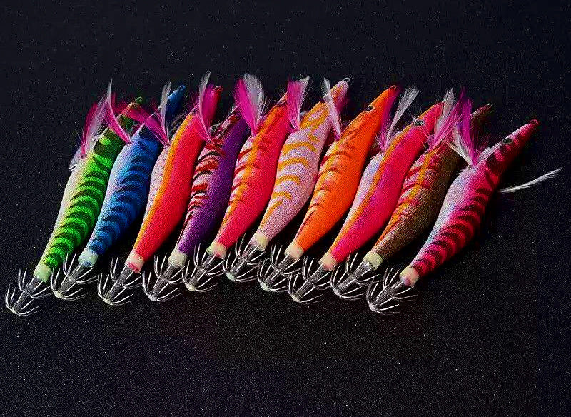 Wooden Shrimp Squid Jig Set, Glow Rattle Egi, 10 Pack – product photo
