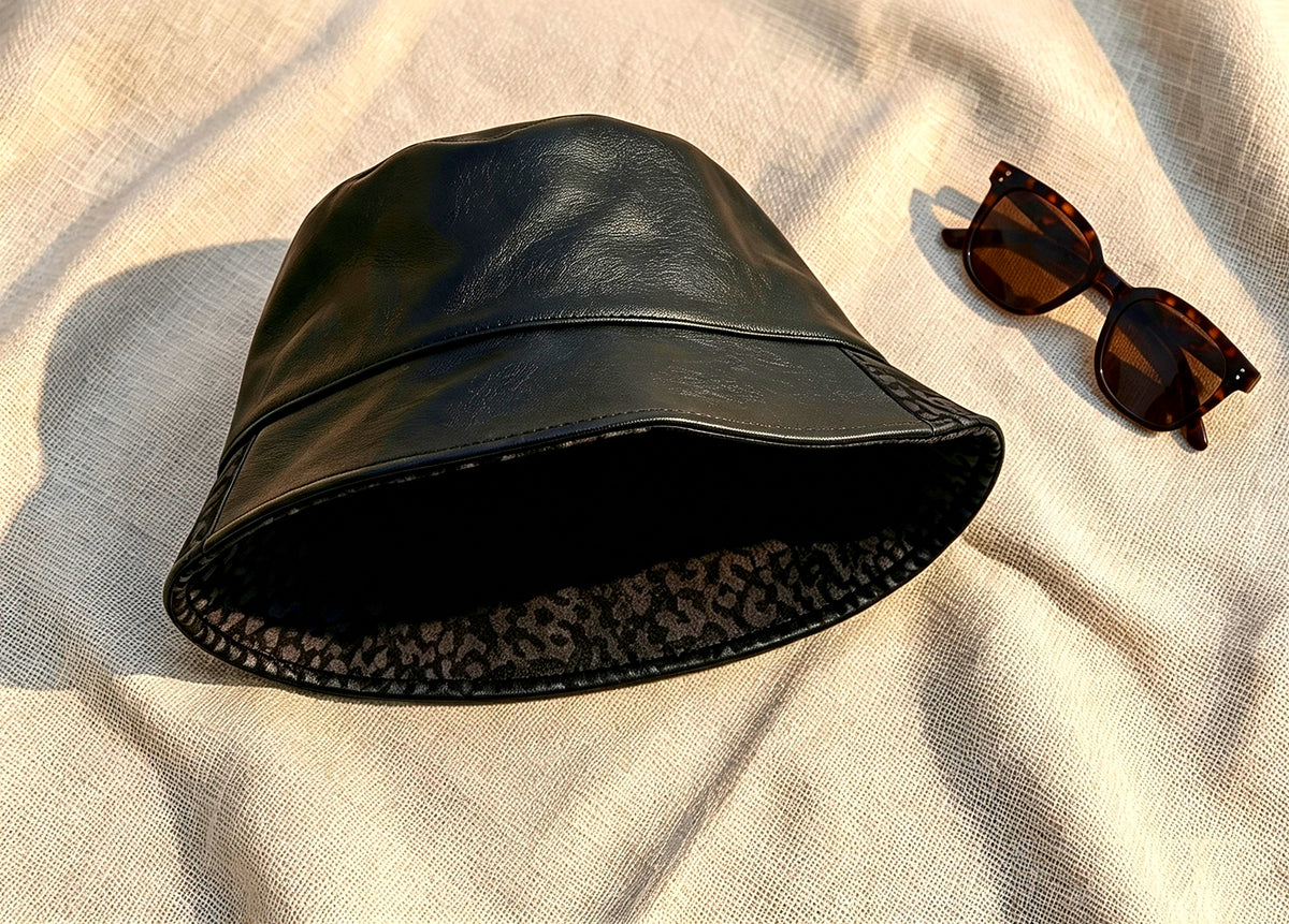 Leopard Print Bucket Hat, Leather Panel, Adjustable, Foldable – product photo
