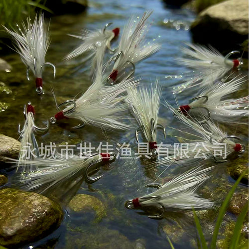 White Feather Treble Hooks, Barbed, Blood Groove, Size 1–12