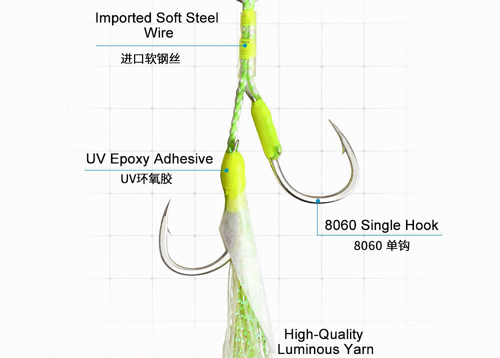 Fish Skin Jig Double Hook, UV Glow Green, 1/0–4/0 – product photo