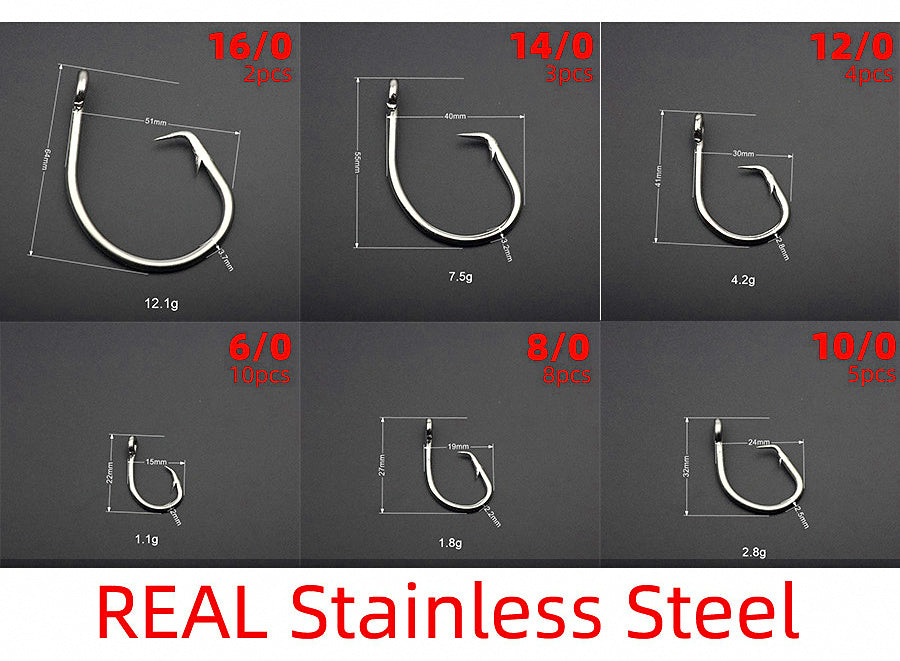 Stainless Steel Circle Hooks, Barbed, Sizes 6/0–16/0 – product photo
