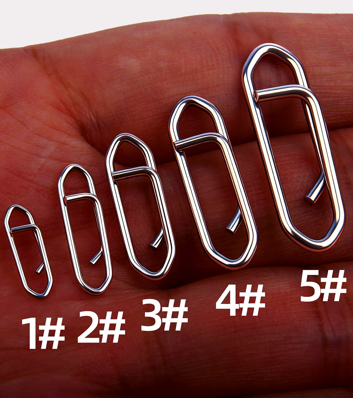 Stainless Steel Lure Snaps, Sizes #1–#5, 50/100 Pack – product photo