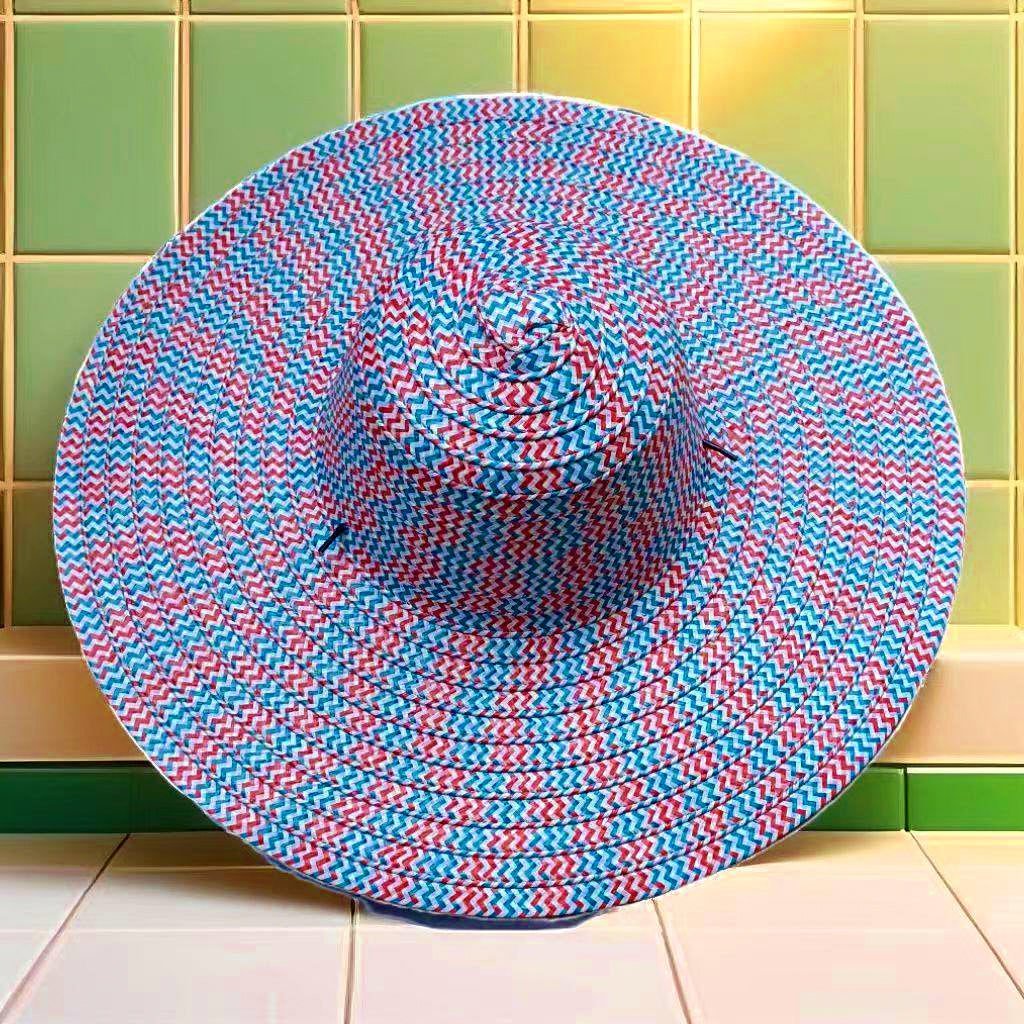 Wide Brim Sun Hat, Red/Blue Colorblock, Round Crown