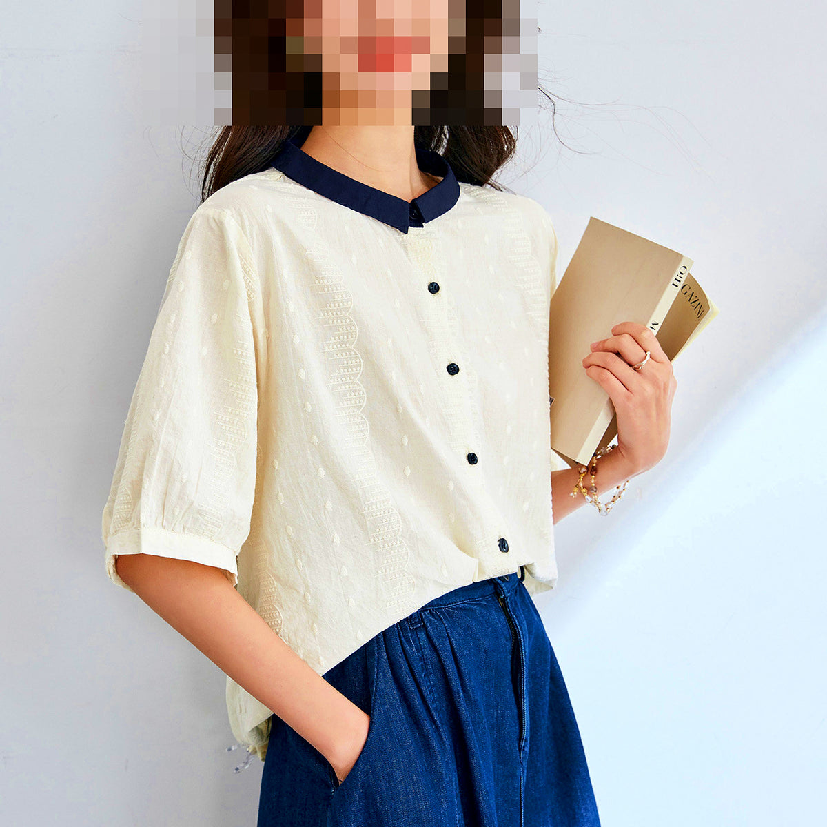 Women's Floral Embroidered Cotton Short Sleeve Shirt – product photo