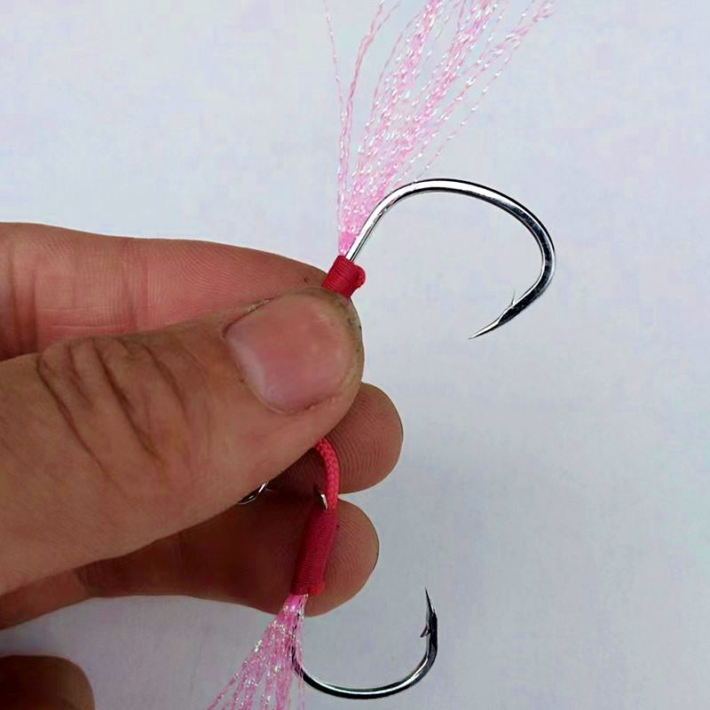 Pink Feathered Double Assist Hooks for Jigs, Barbed, 1/0-4/0 – product photo
