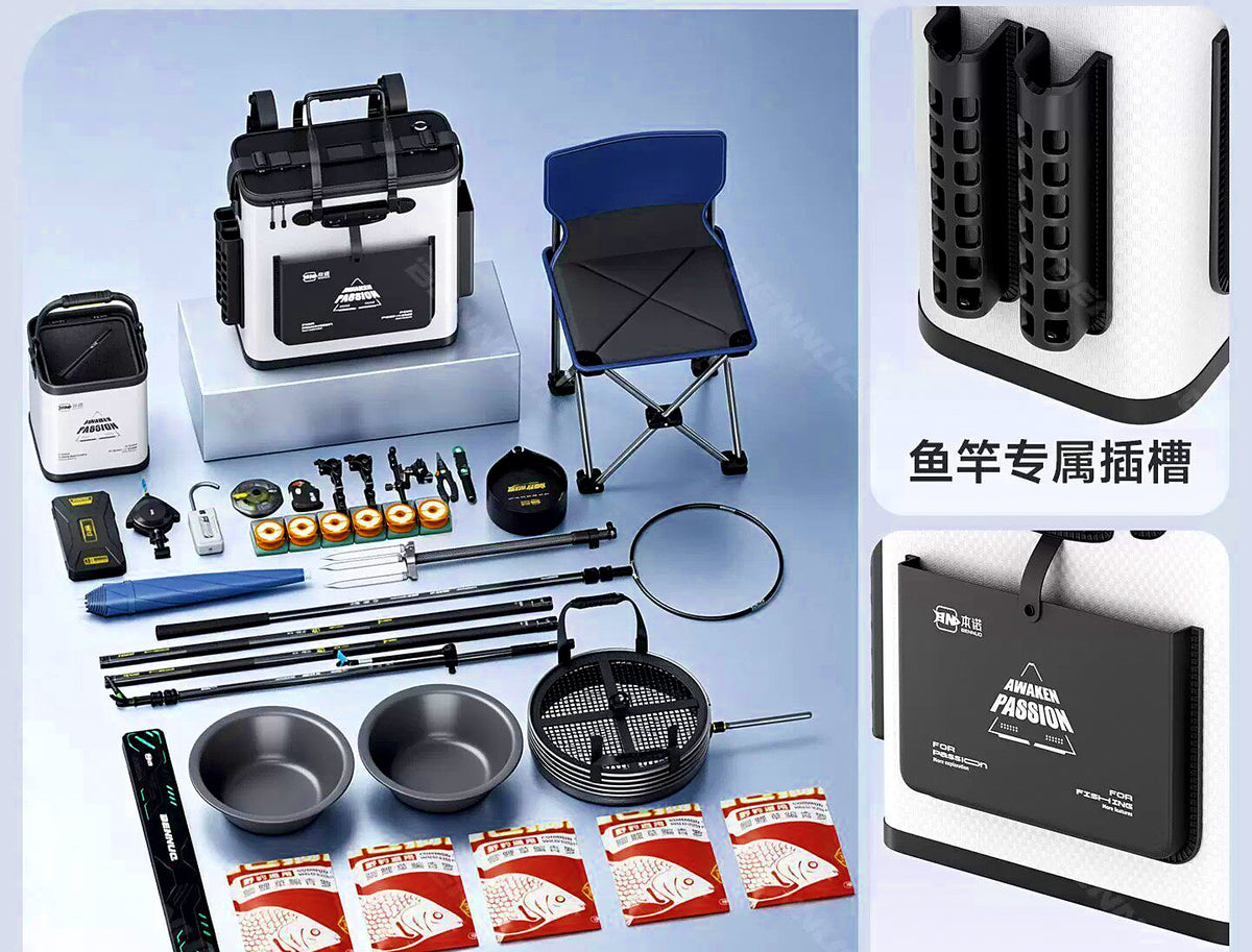 Fishing Bucket Bag with Rod Holder Options, Carbon Pattern – product photo