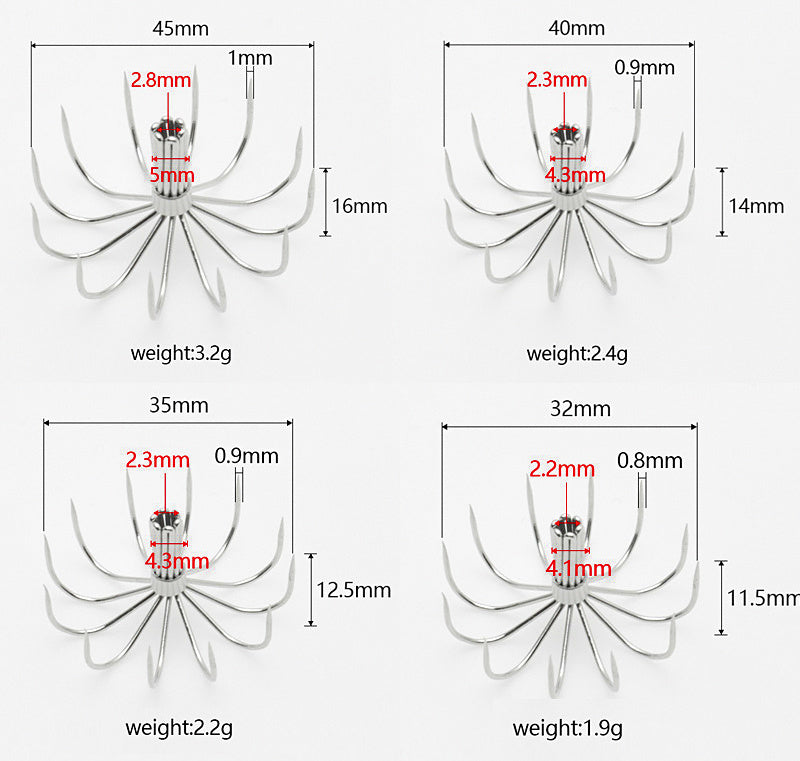 Stainless Steel Umbrella Squid Jig Hook, 12-Prong, 15–45 mm – product photo