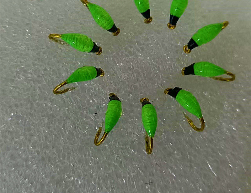 Pre-Tied Nymph Flies, Black Head Fluo Green, Sizes 12–20 – product photo