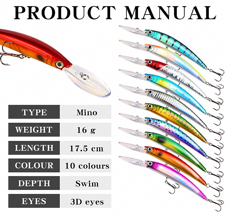 Long Lip Diving Minnow Hard Bait with Rattle, ABS – product photo