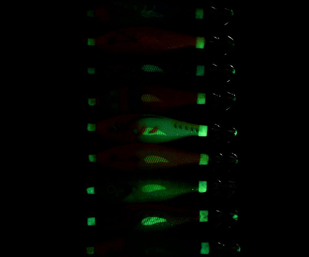 Glow Wooden Shrimp Squid Jig, Round Belly, Horizontal Style – product photo