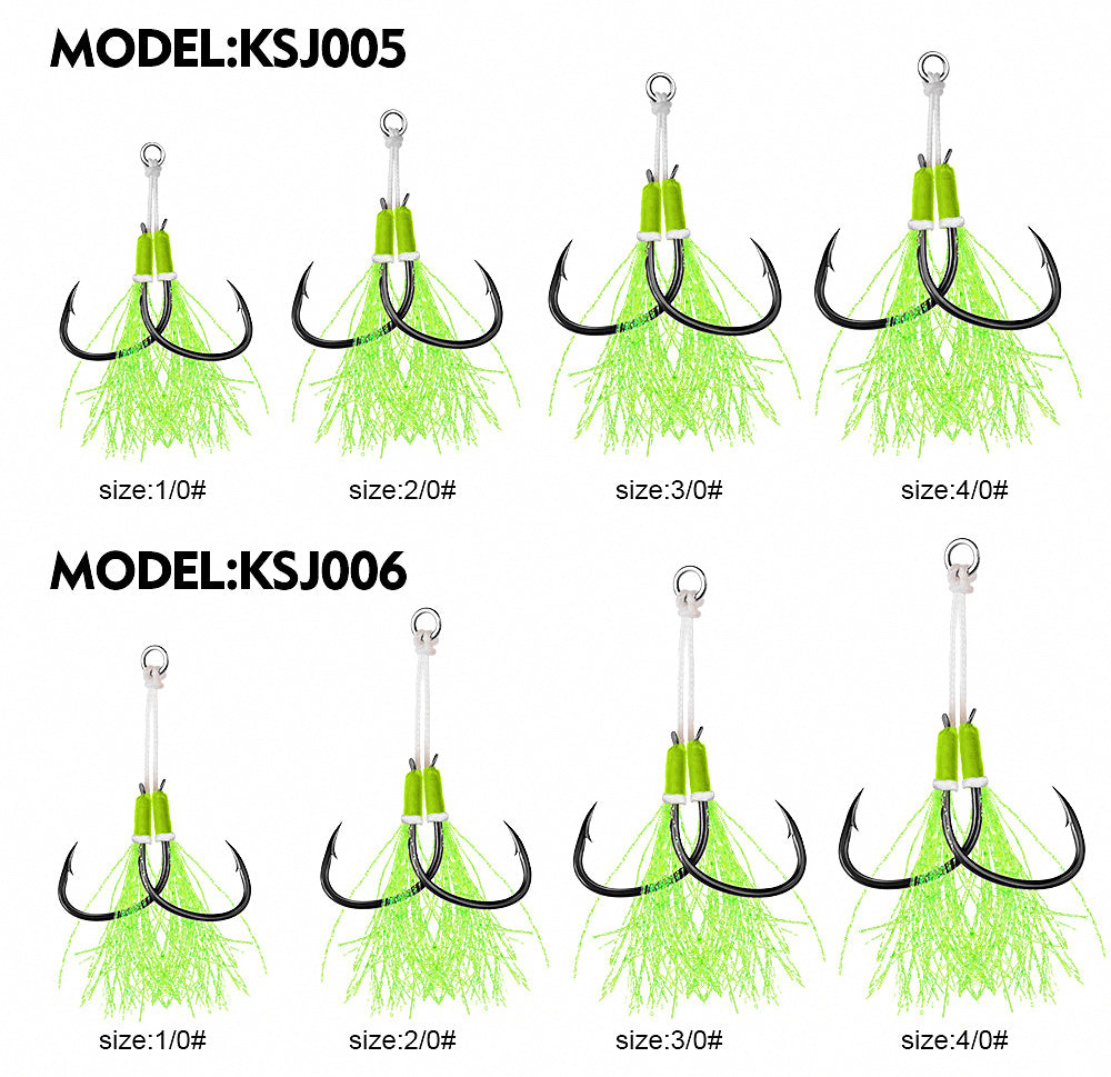 Feathered Jig Assist Hooks, Barbed, Sizes 1/0–4/0, Short & Long – product photo