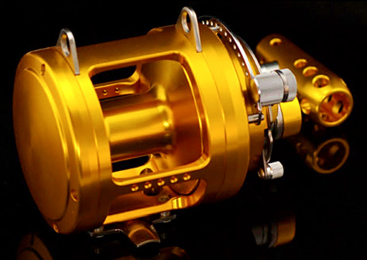 Two-Speed Conventional Trolling Reel, Gold, Saltwater – product photo