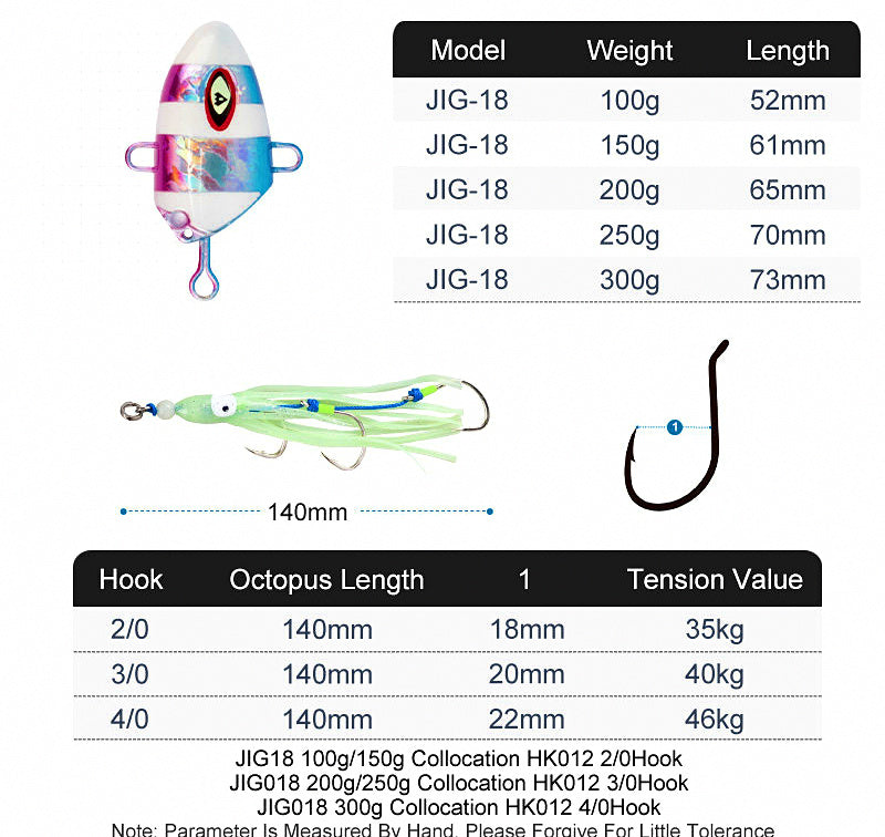 Glow Slow Pitch Jig with Squid Hook, 100–300 g (3.5–10.6 oz) – product photo