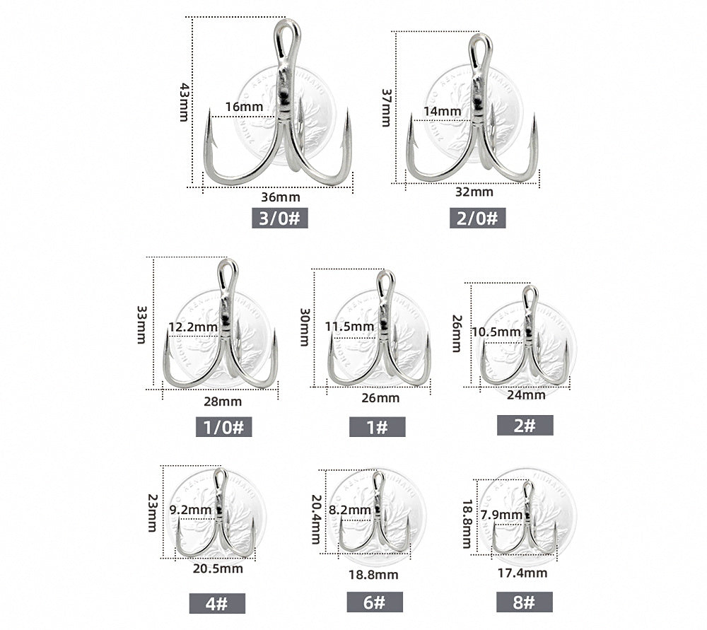 4X Strong Treble Hooks for Metal Jigs, Sizes 8 to 3/0 – product photo