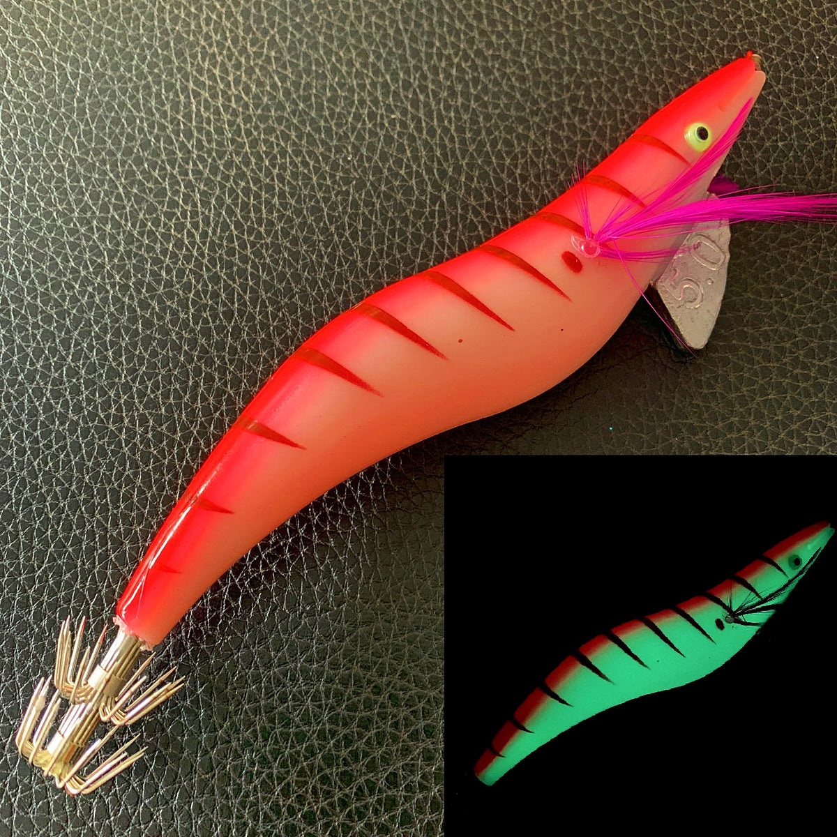 Wood Shrimp Squid Jig (Egi), Glow Painted, Size 5.0 / 6.0 – product photo
