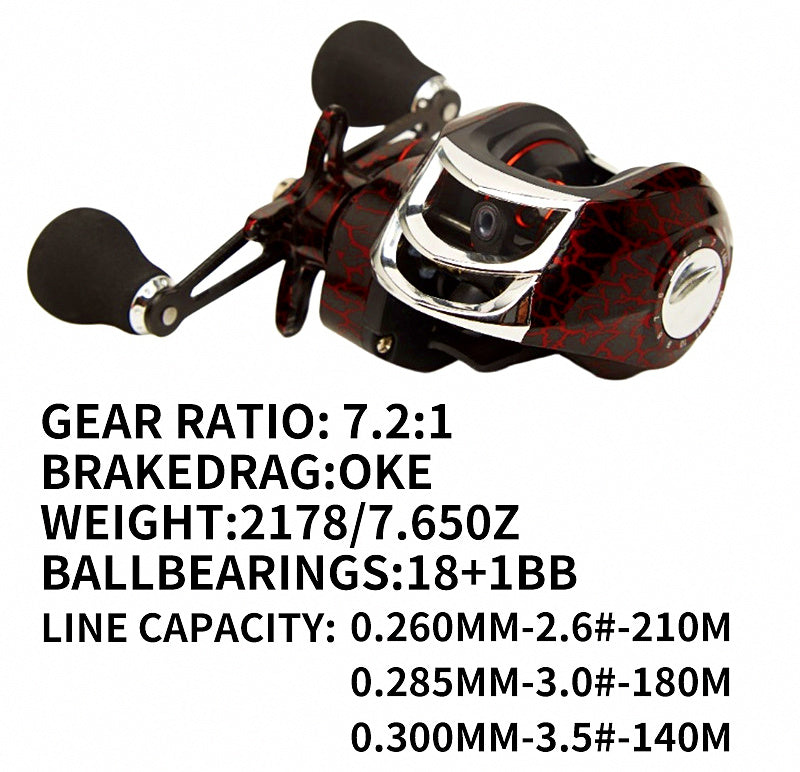 Red Crackle Baitcasting Reel, 7.2:1 Gear Ratio – product photo