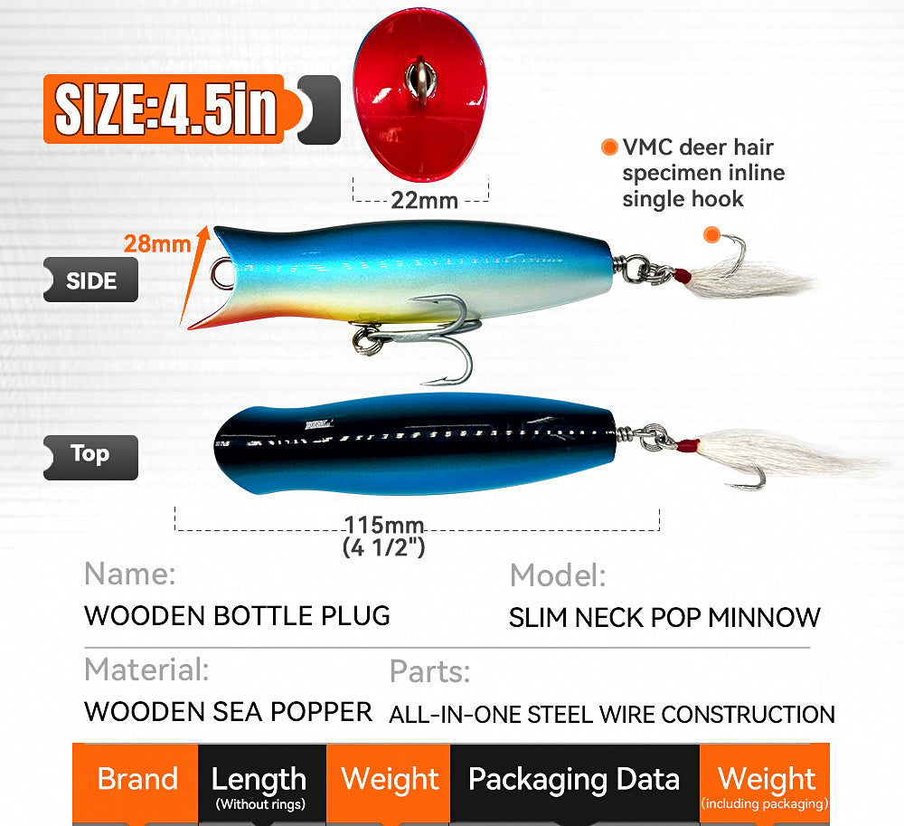 Wooden Popper Lure, 4.5 in and 6.5 in (11 cm / 17 cm) – product photo
