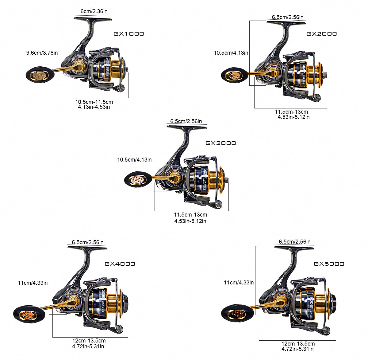 GX Spinning Reel, Sizes 1000–7000, Metal Bail Arm – product photo