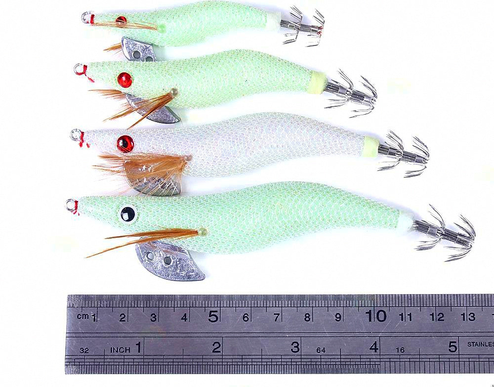 Glow White Wooden Shrimp Squid Jig, Sizes 2.0–4.0 – product photo