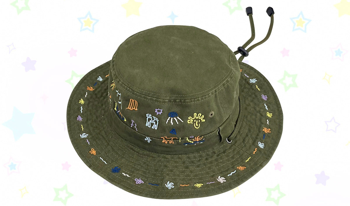 Embroidered Wide Brim Bucket Hat, Sun Protection, M (56-58 cm) – product photo