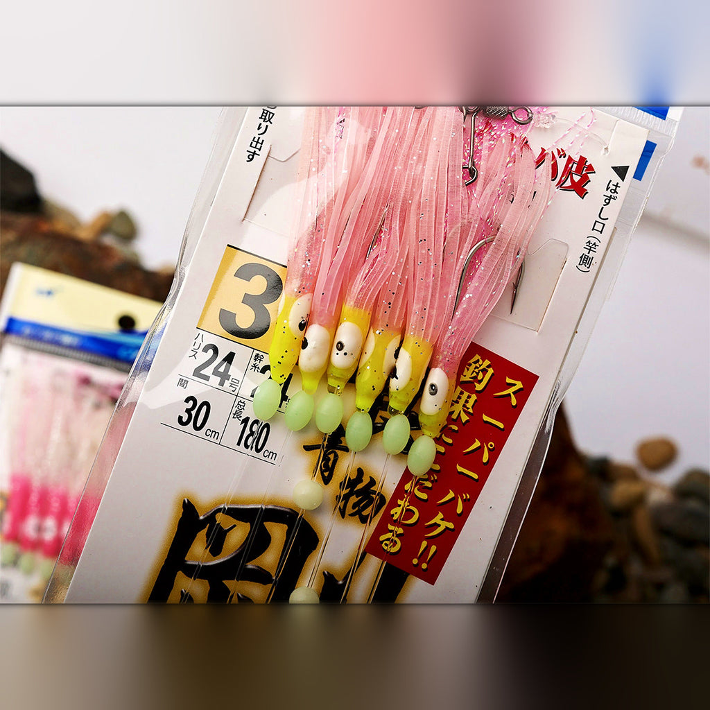 Squid Skirt String Hook Rig, Glow Colors, 6-Pack, Size 2–4