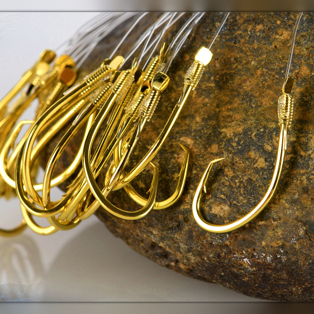 Pre-Tied Snelled Eagle Beak Hooks, Gold, Tub Pack