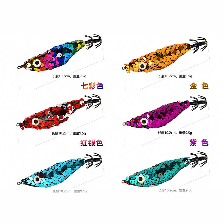 Sequin Wood Shrimp Squid Jig, 9.5 g (0.34 oz), 10.2 cm