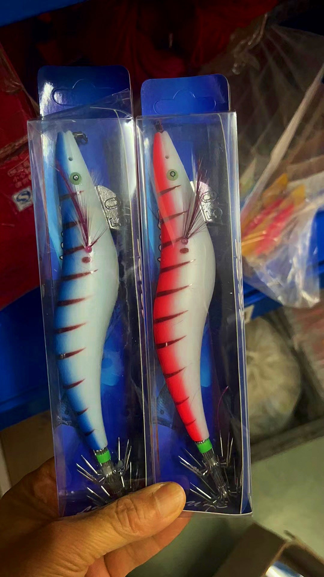 Wood Shrimp Squid Jig (Egi), Glow Painted, Size 5.0 / 6.0 – product photo