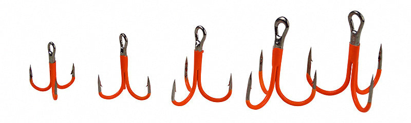 Orange Treble Hooks, High Carbon Steel, Barbed, Sizes 8–1/0 – product photo