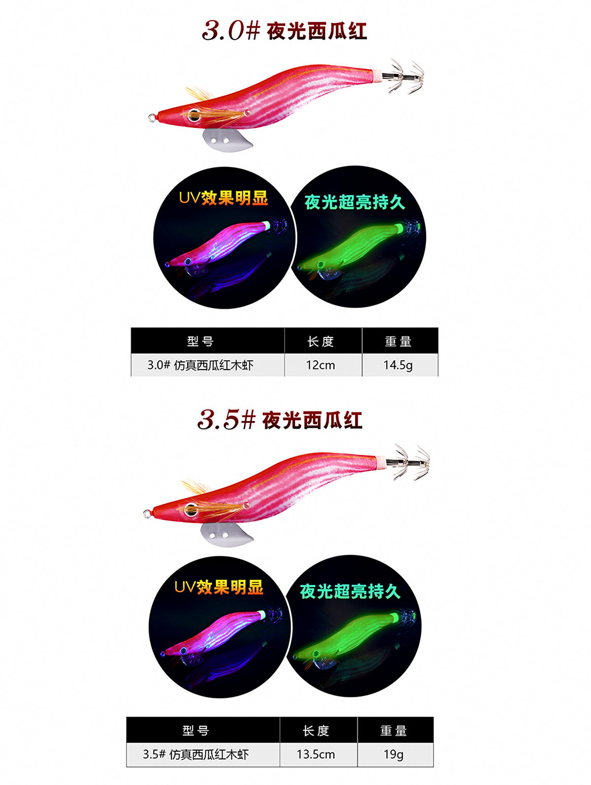 Watermelon Red Wood Shrimp Squid Jig, Size 3–3.5 (12–13.5 cm) – product photo