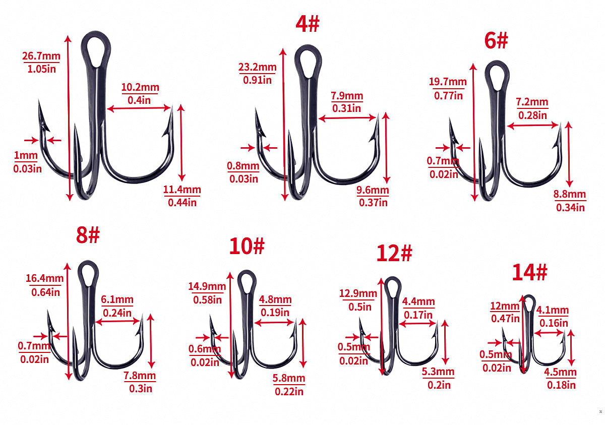 Barbed Treble Hooks, Black High-Carbon, 20-Pack – product photo