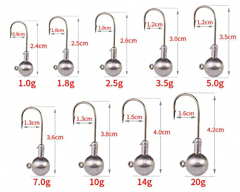 Jig Head Hooks with T-Tail Grubs, 20 pc, 0.8–20 g (0.03–0.7 oz) – product photo